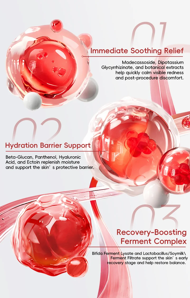 Graphic showing red molecules with skincare benefits like soothing relief, hydration, and recovery-boosting using active ingredients.